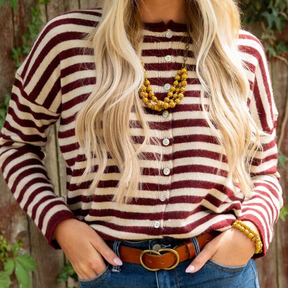 Betsey's Boutique Shop Sweaters - Betsey's Boutique Burgundy and Cream Striped Cardigan